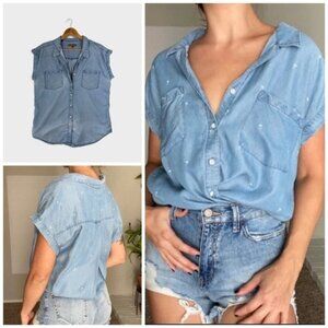 JACHS GIRLFRIEND Palm Tree Blue Denim‎ Chambray Blouse Womens Size XL